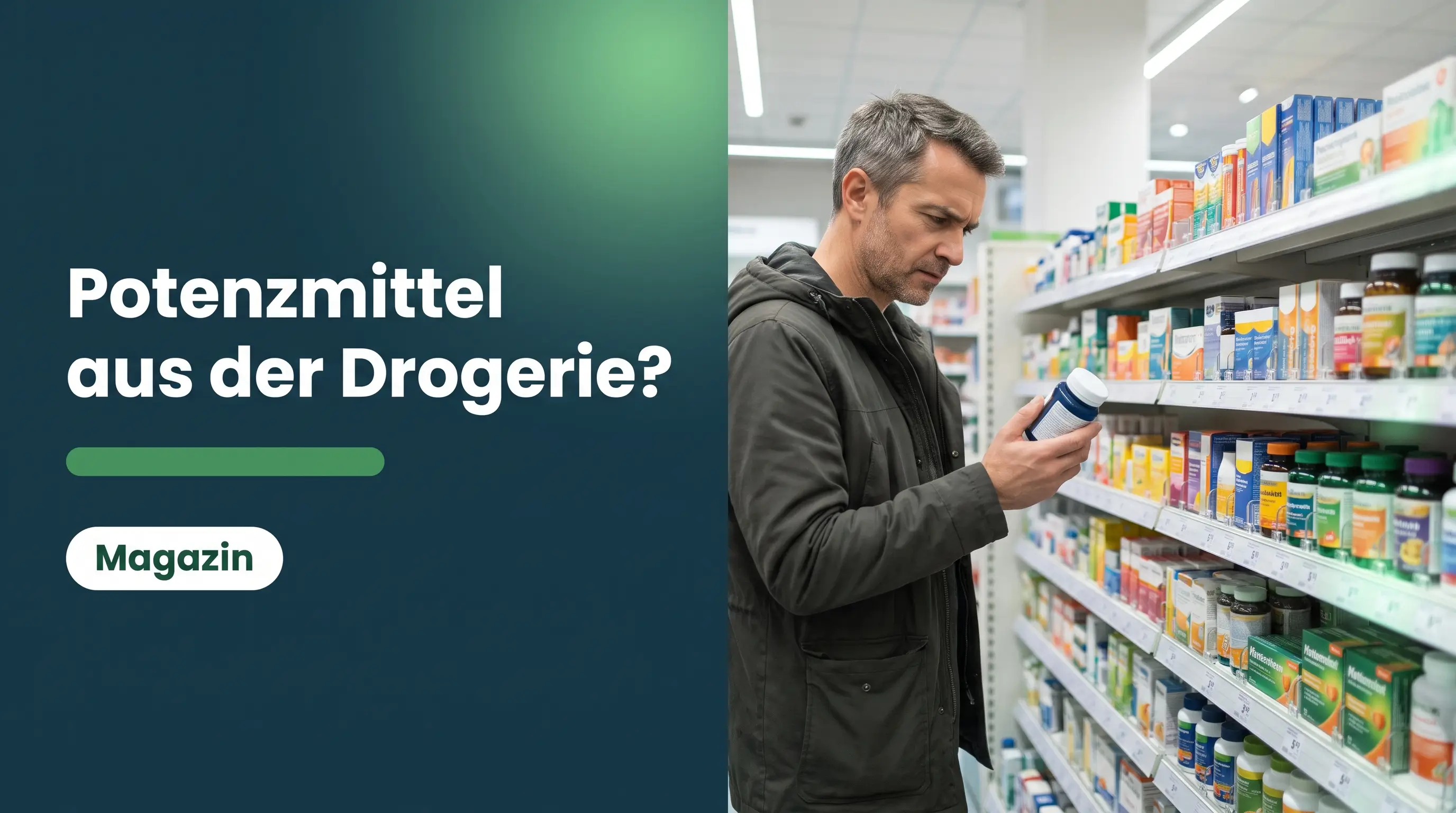 Potenzmittel DM Rossmann: Mann steht skeptisch mit Kapseldose vor dem Drogerieregal