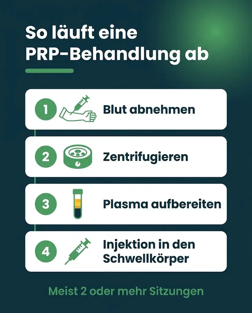 Ablauf der PRP-Eigenbluttherapie in vier Schritten von der Blutabnahme bis zur Injektion