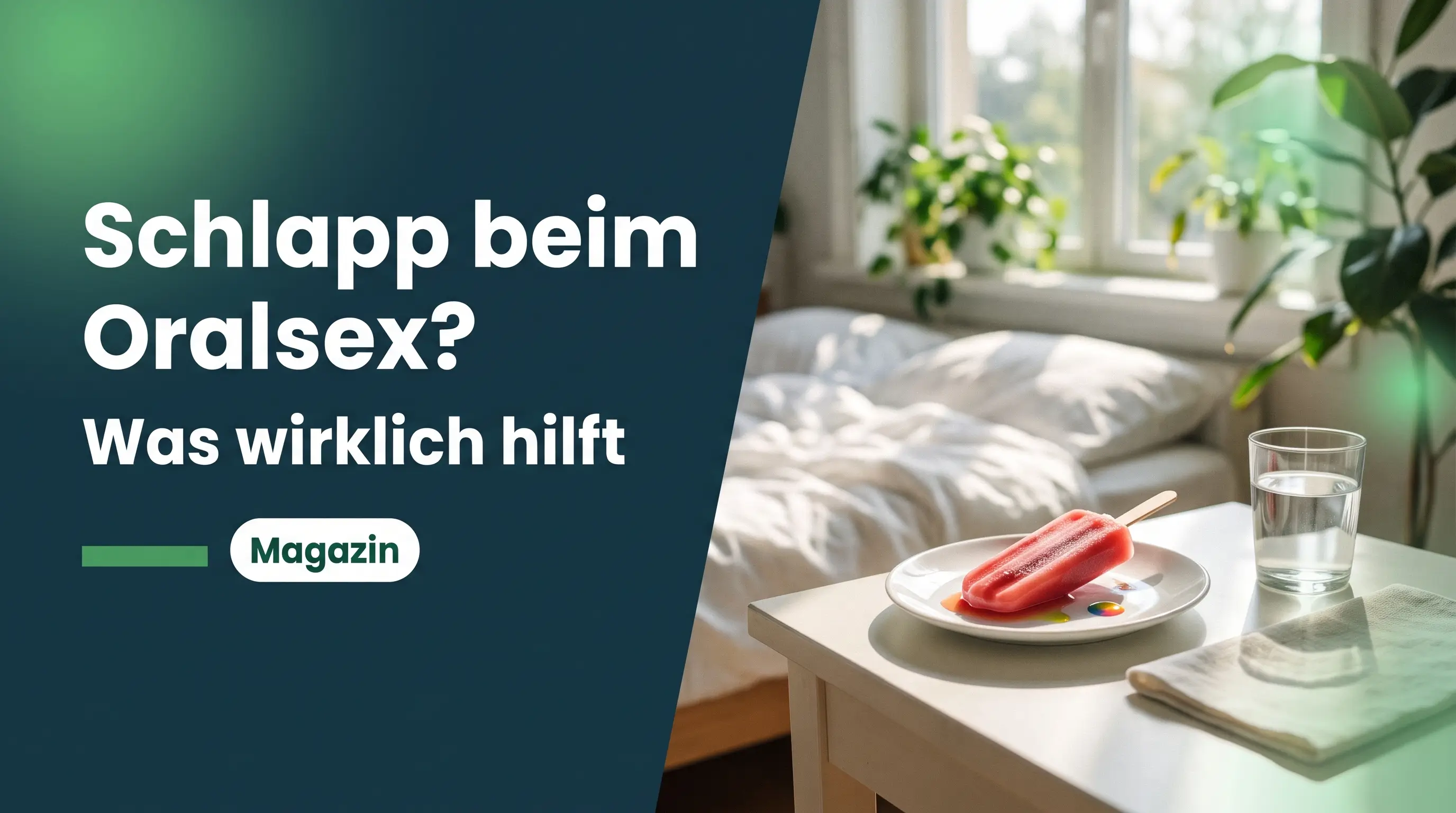 Schlapp beim Blasen: geschmolzenes Wassereis am Stiel neigt sich auf einem Teller am Nachttisch