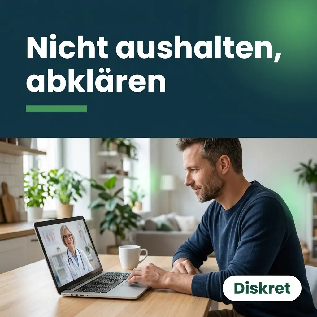 Mann spricht in einer Videosprechstunde am Küchentisch mit einer Ärztin über Schmerzen bei der Erektion