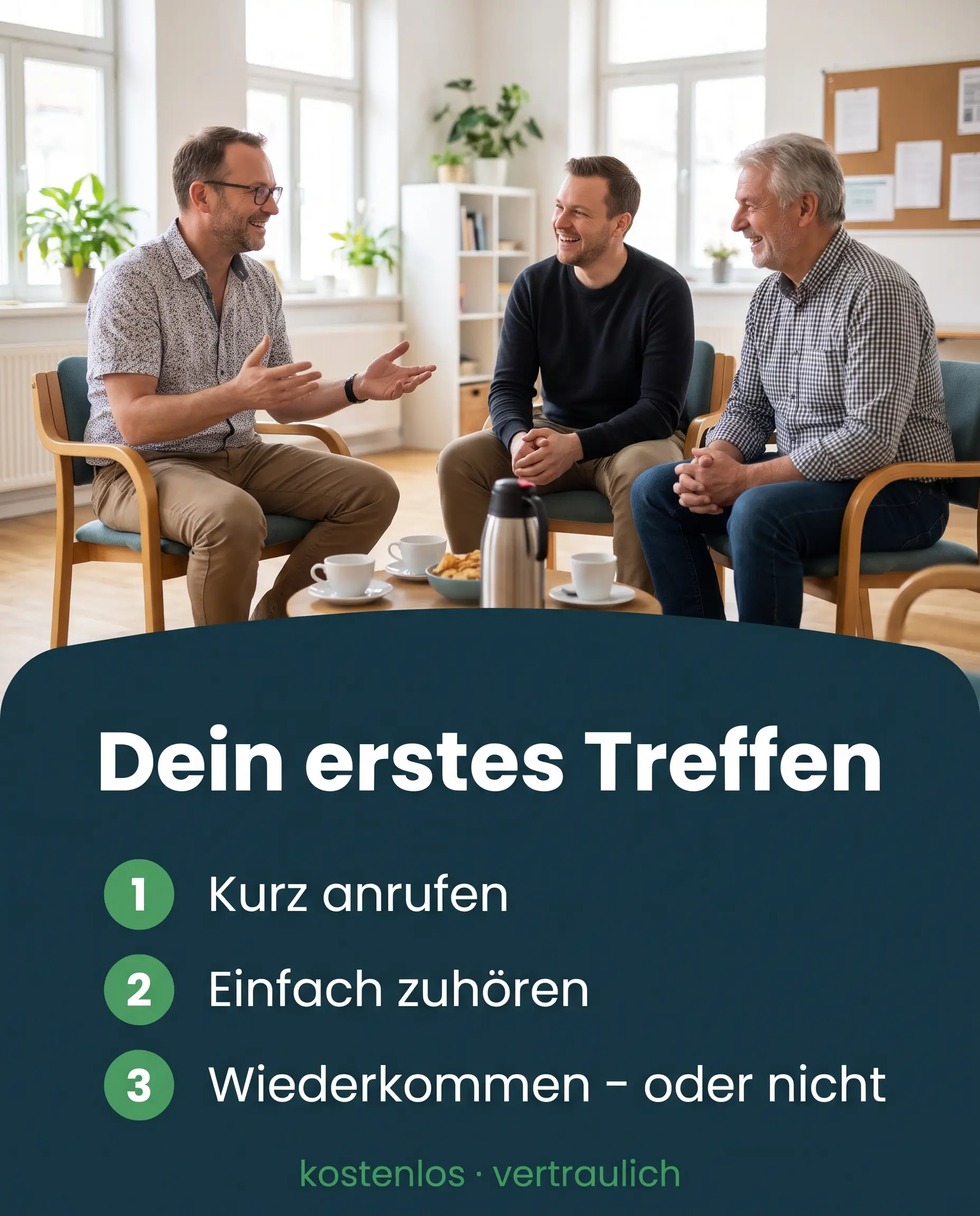 Männer lachen in einer Selbsthilfegruppe für Erektionsstörungen, darunter drei Schritte zum ersten Treffen