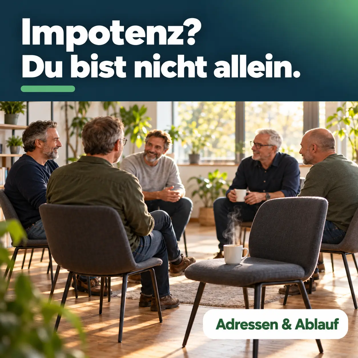Selbsthilfegruppe Impotenz: Männer im Stuhlkreis, ein freier Stuhl wartet, Text „Du bist nicht allein“