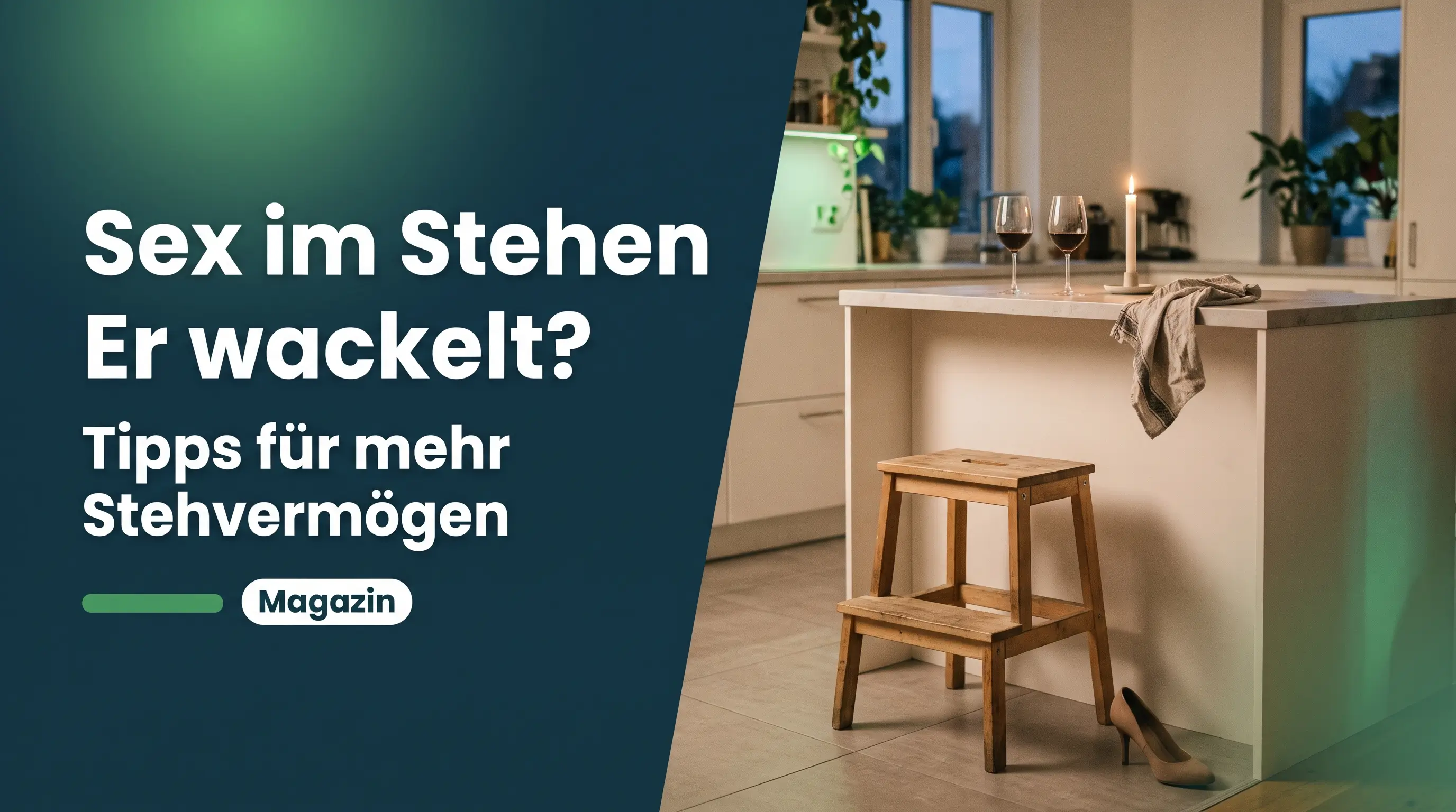 Sex im Stehen: Tritthocker vor der Kücheninsel, zwei Weingläser und eine Kerze