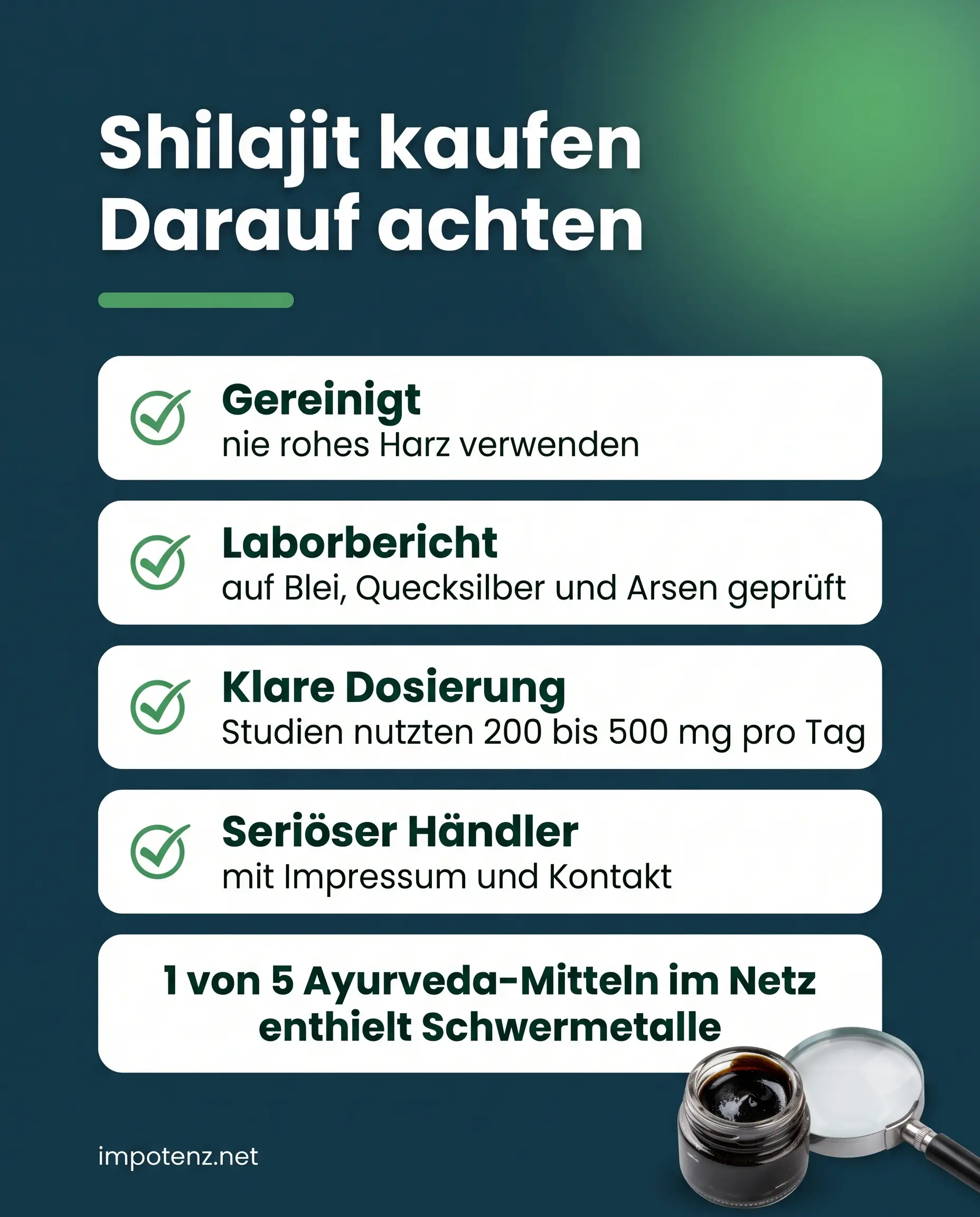 Checkliste Shilajit Testosteron: gereinigt, Laborbericht, Dosierung und seriöser Händler