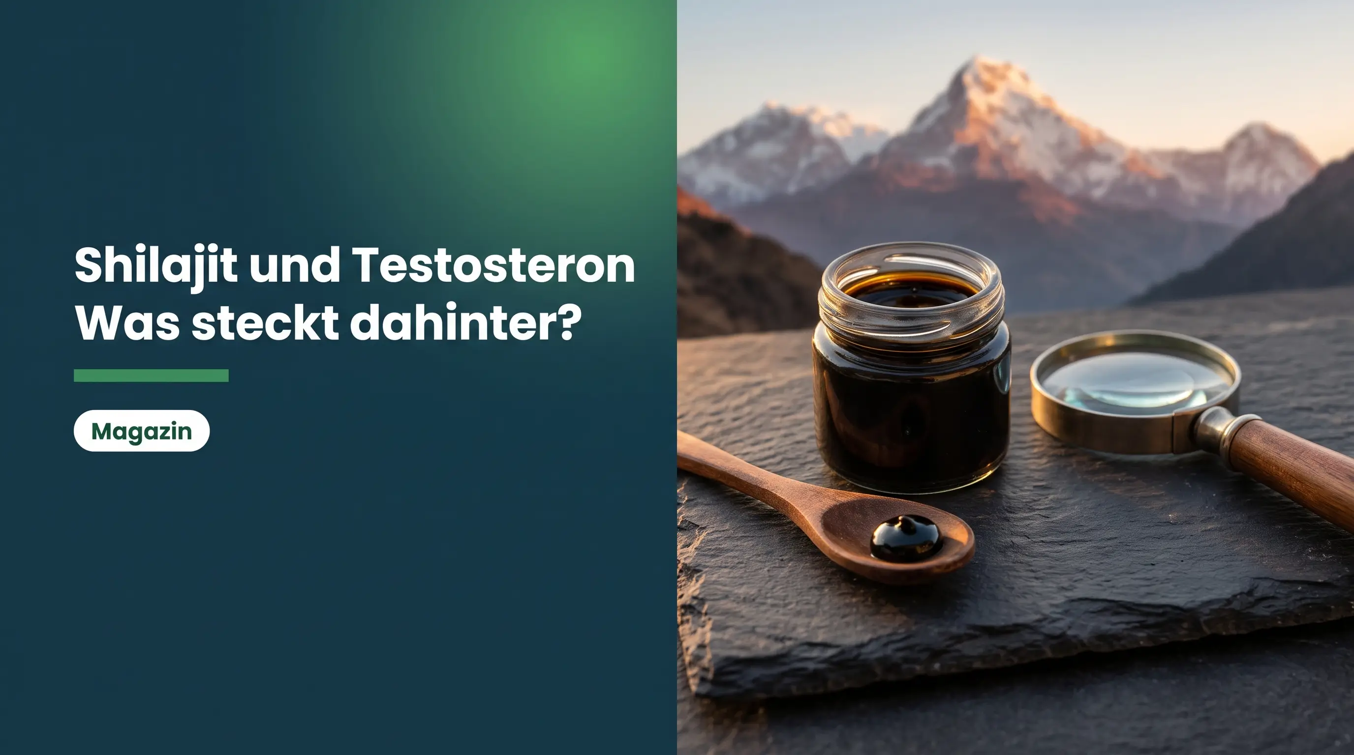 Shilajit Testosteron: schwarzes Harz im Glas und auf Holzlöffel vor Himalaya-Bergen mit Lupe