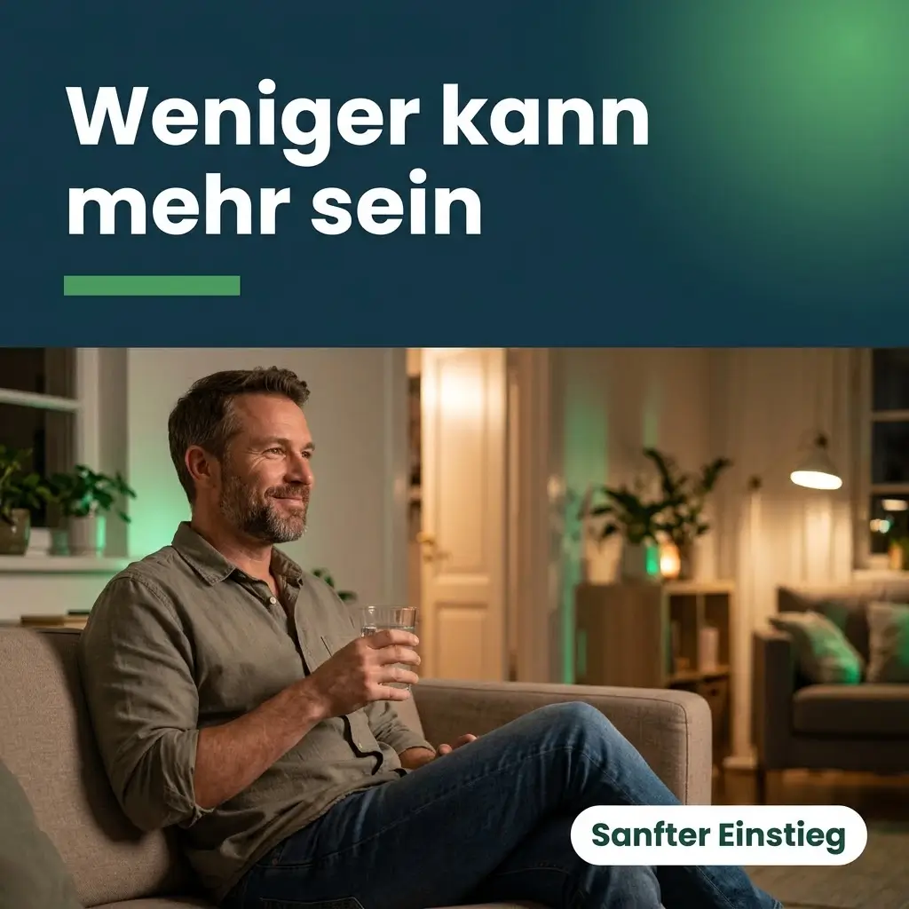 Viagra 25 mg als sanfter Einstieg: entspannter Mann sitzt abends lächelnd auf dem Sofa