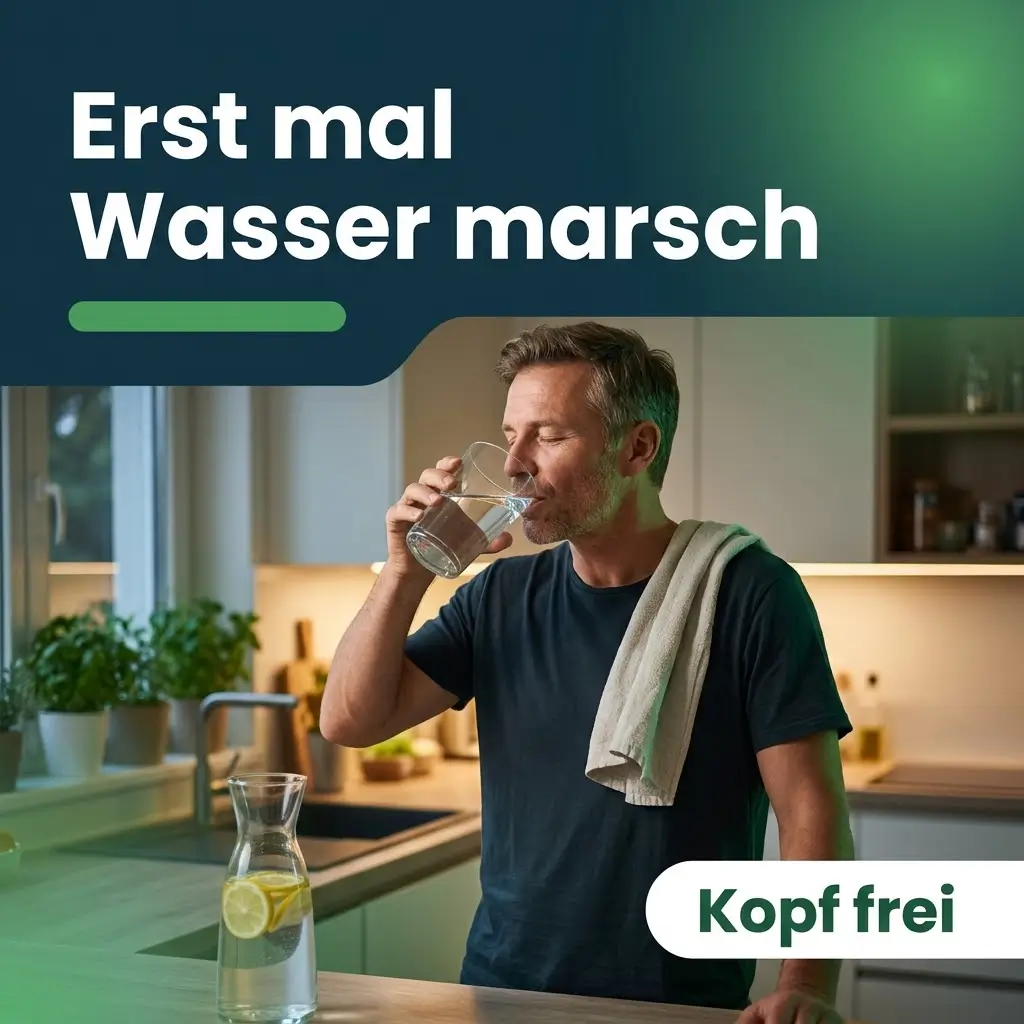 Mann trinkt in der Küche ein großes Glas Wasser gegen Kopfschmerzen von Viagra