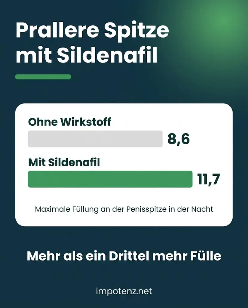Infografik Sildenafil macht die Penisspitze praller: maximale Füllung 8,6 ohne und 11,7 mit Sildenafil