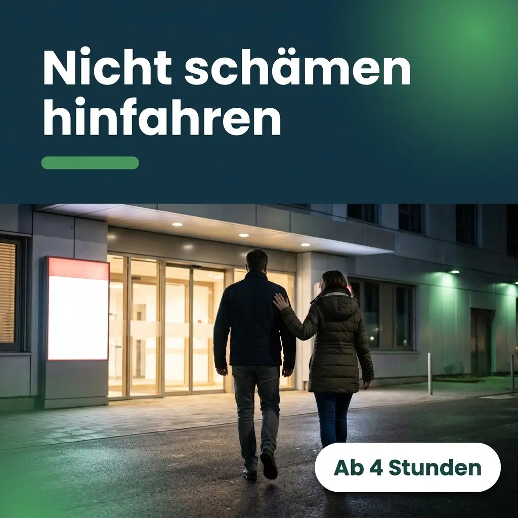 Mann und Partnerin gehen nachts zum Klinikeingang, Sinnbild für Notaufnahme bei Dauererektion von Viagra