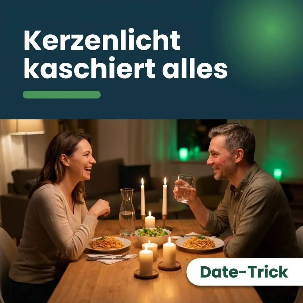 Paar beim Abendessen im Kerzenlicht, leichte Gesichtsrötung von Viagra fällt im warmen Licht kaum auf