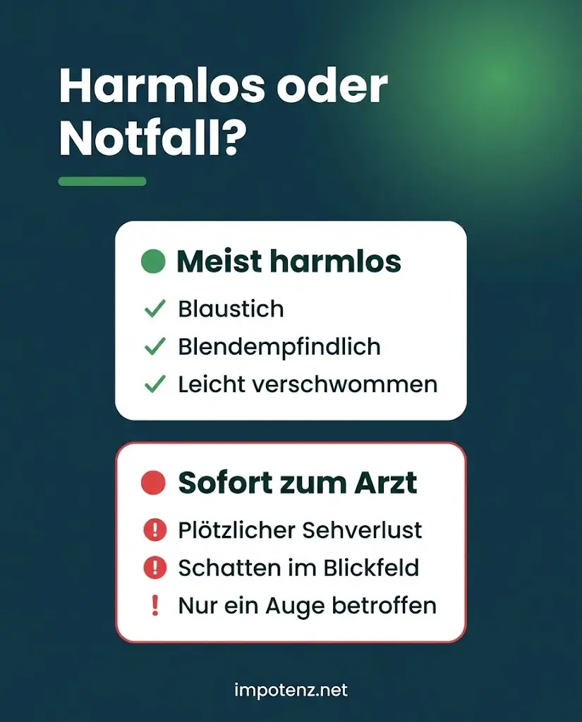 Infografik Viagra Sehstörungen harmlos oder Notfall: Blaustich harmlos, plötzlicher Sehverlust auf einem Auge Notfall