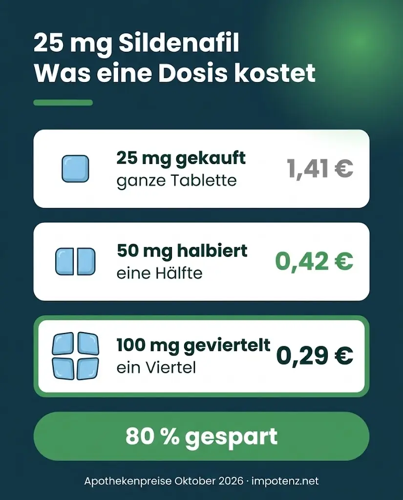 Infografik Viagra teilen: 25-mg-Dosis kostet gekauft 1,41 Euro, aus halbierter 50er 0,42 Euro, aus geviertelter 100er 0,29 Euro