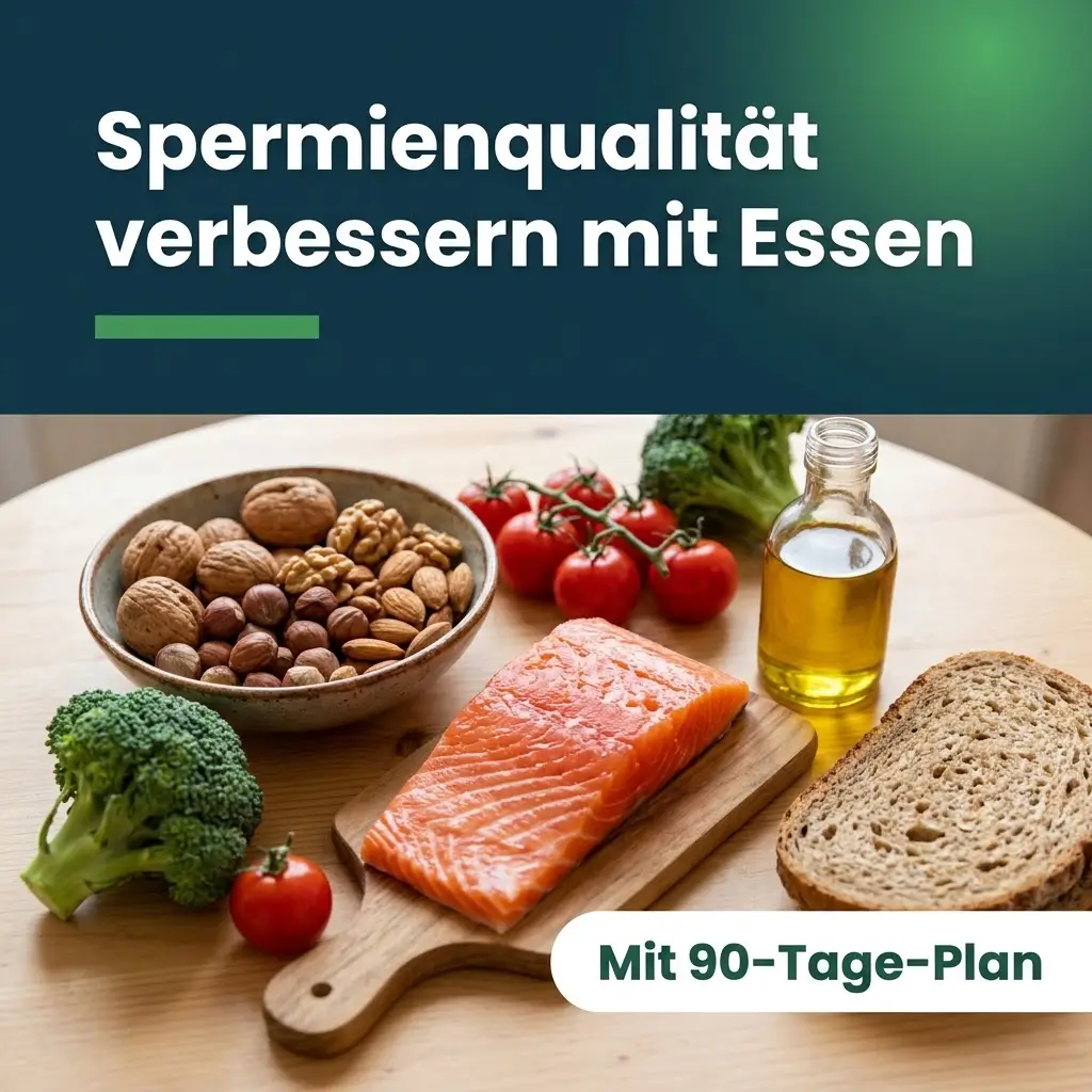 Spermienqualität verbessern durch Ernährung: Nüsse, Lachs, Tomaten, Brokkoli und Vollkornbrot auf einem Holztisch