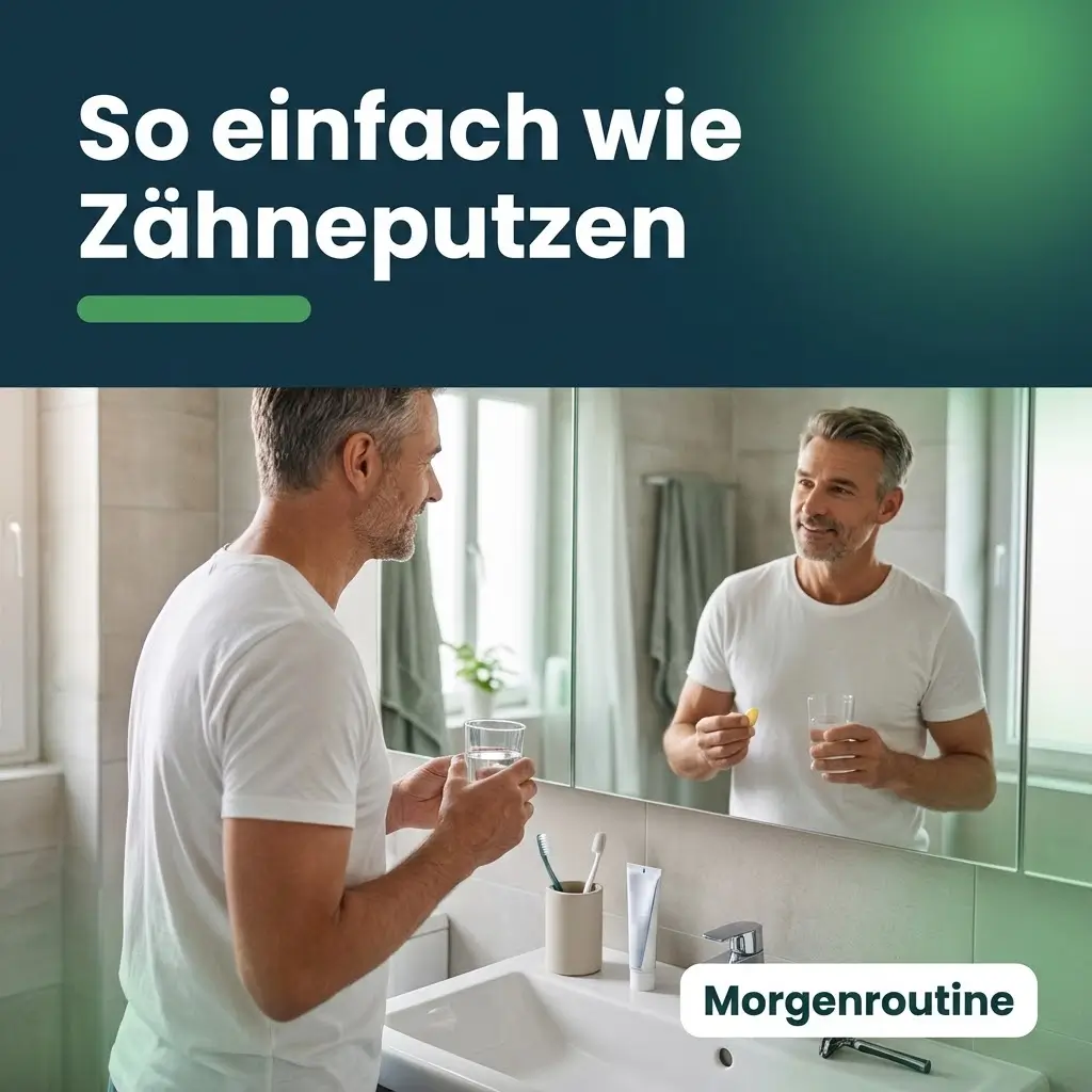 Mann nimmt morgens im Badezimmer Tadalafil 5 mg mit einem Glas Wasser, Teil der Morgenroutine
