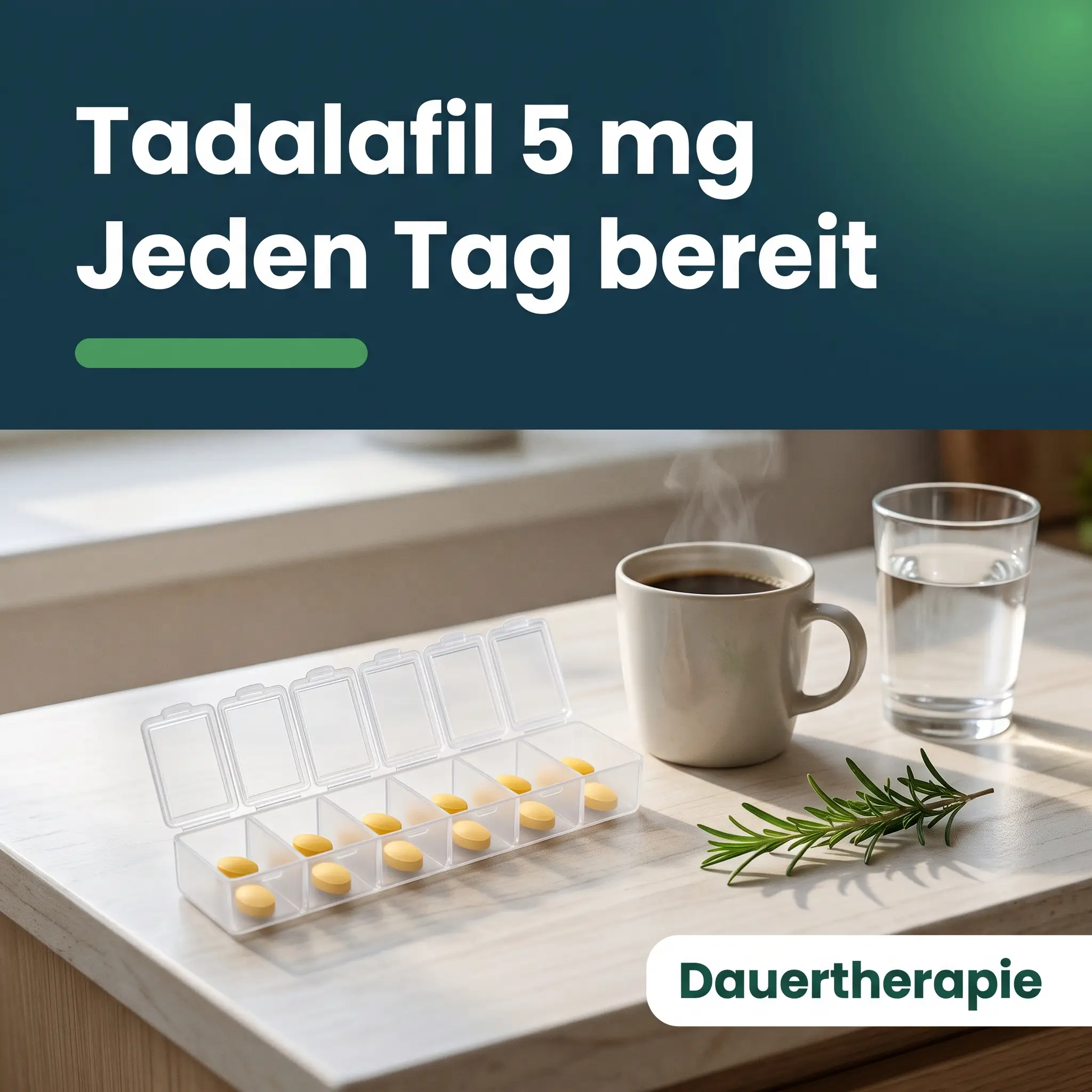 Tadalafil 5 mg täglich: Wochen-Pillendose mit gelben Tabletten neben Kaffee und Wasser am Morgen