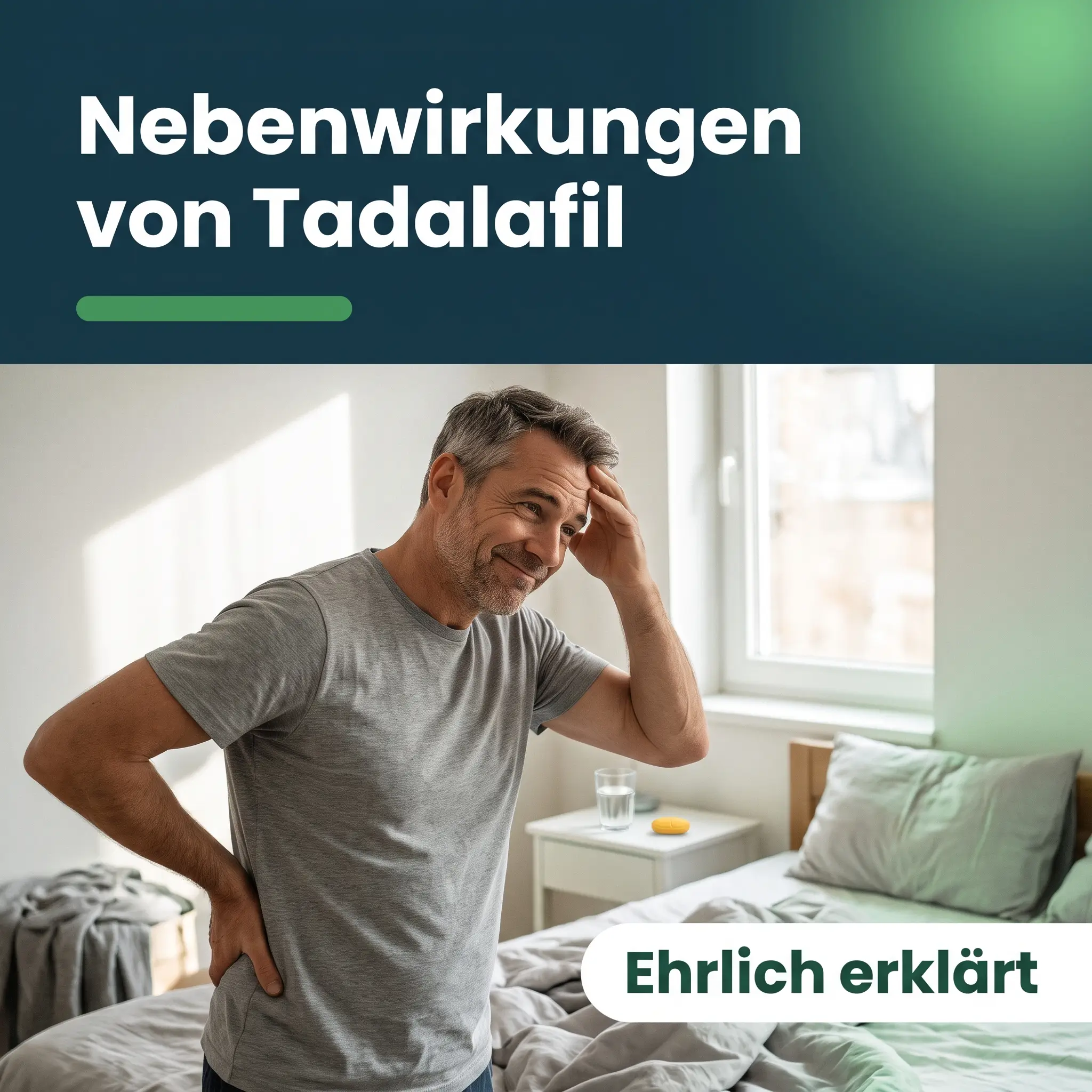 Tadalafil Nebenwirkungen: Mann hält sich morgens Rücken und Schläfe und grinst selbstironisch