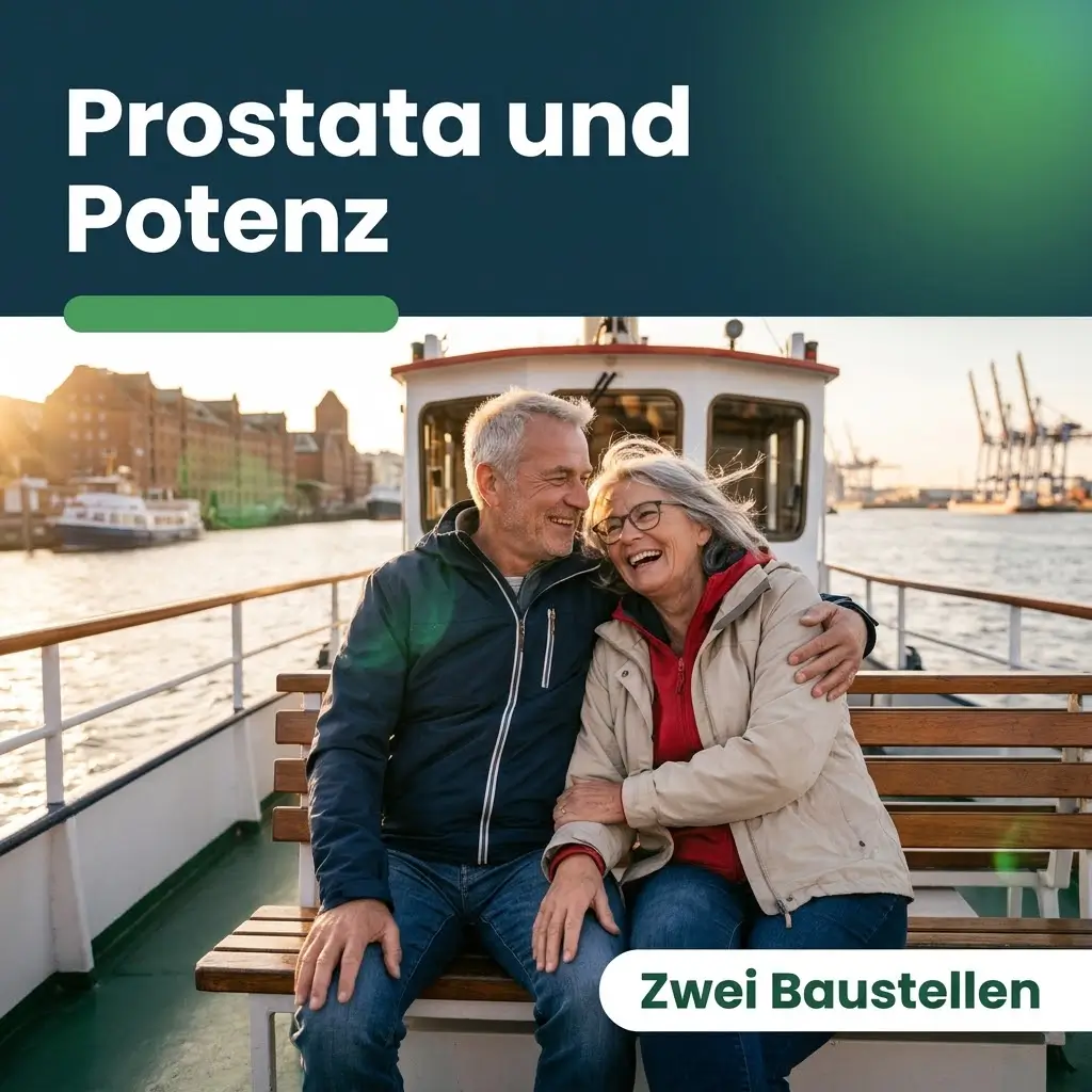 Lachendes älteres Paar bei einer Hafenrundfahrt, Sinnbild für Tadalafil für die Prostata und Sildenafil für die Potenz