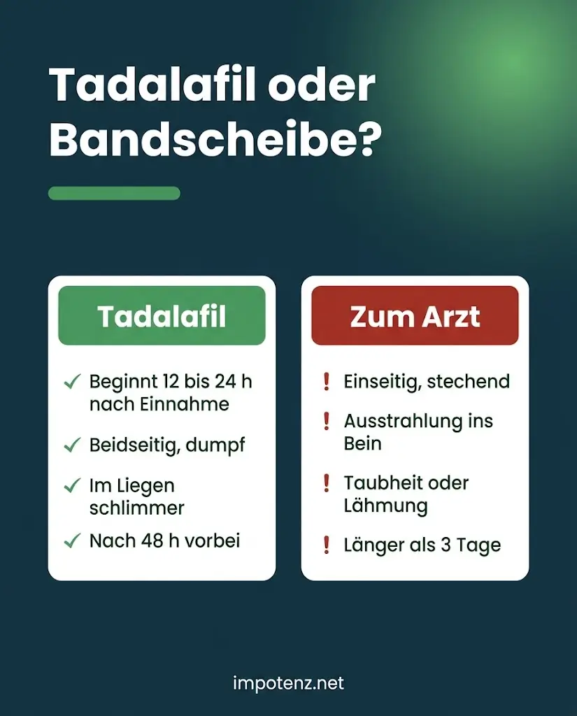 Infografik Unterschied Tadalafil Rückenschmerzen und Bandscheibe: Merkmale und Warnzeichen für den Arztbesuch