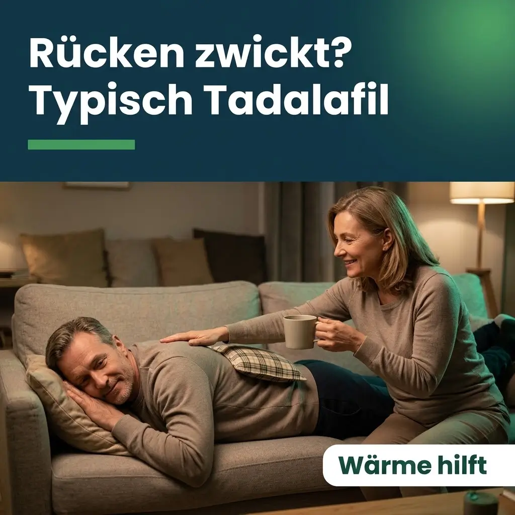 Mann liegt mit Wärmekissen auf dem Rücken auf dem Sofa, Partnerin bringt Tee, Tadalafil Rückenschmerzen