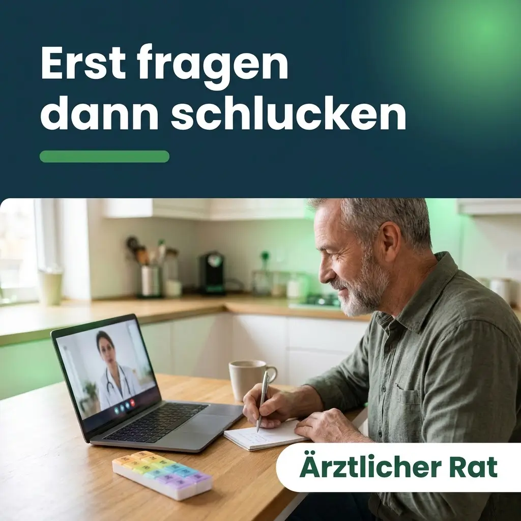 Älterer Mann bespricht in einer Videosprechstunde mit einer Ärztin, ob er Tadalafil und Sildenafil kombinieren darf