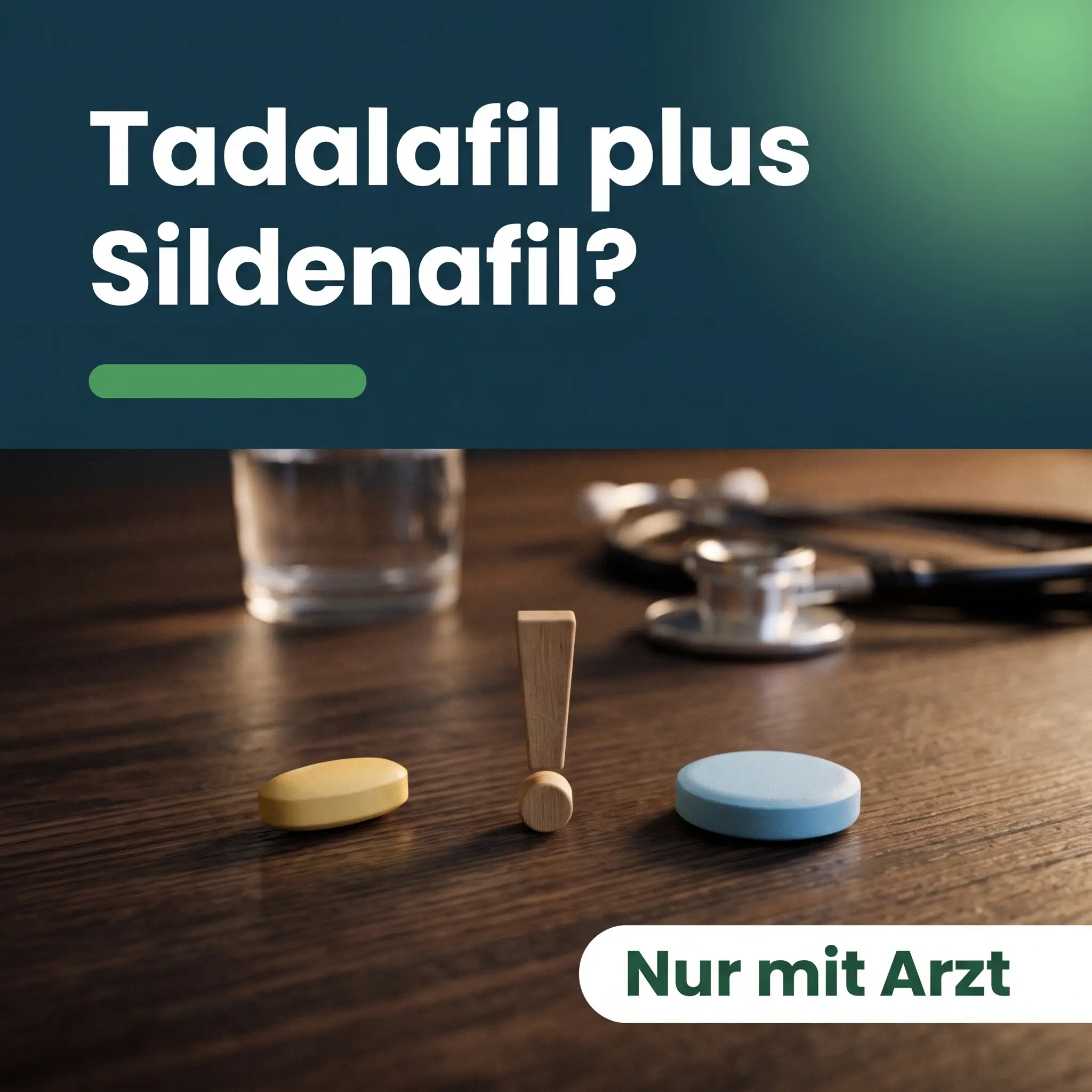 Tadalafil und Sildenafil kombinieren: gelbe und blaue Tablette mit einem Ausrufezeichen dazwischen