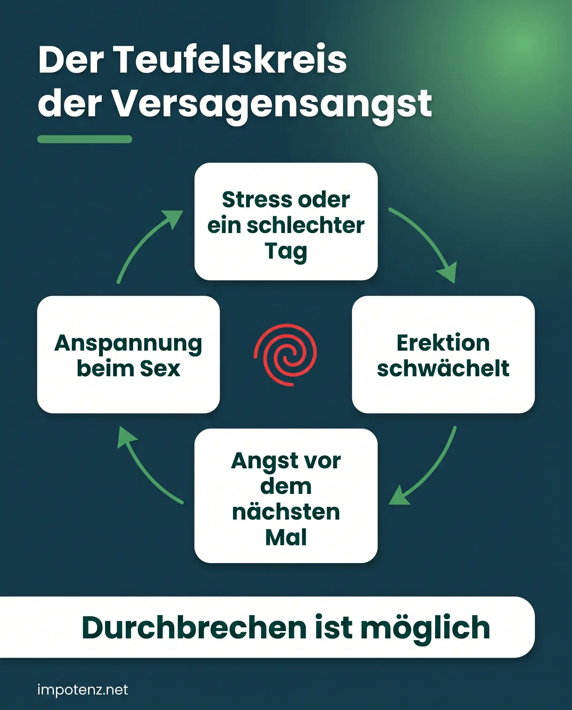 Infografik zu psychischen Ursachen von Impotenz: der Teufelskreis aus Stress, Versagen, Angst und Anspannung