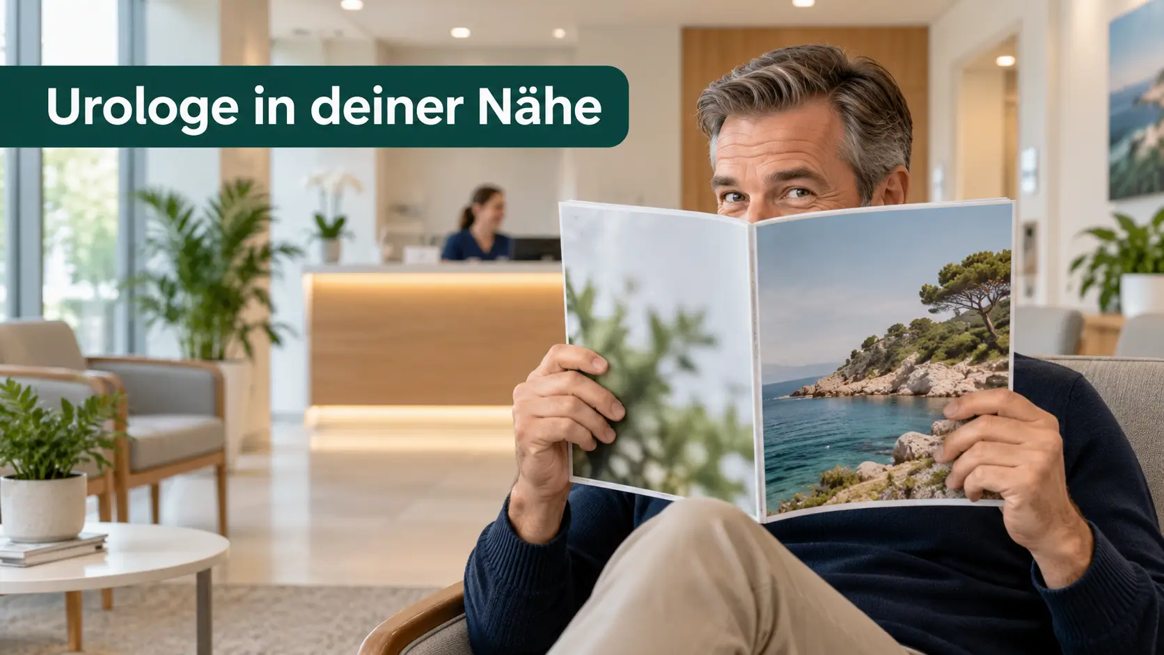 Urologe bei Impotenz: Mann im Wartezimmer einer Urologiepraxis lugt über eine Zeitschrift