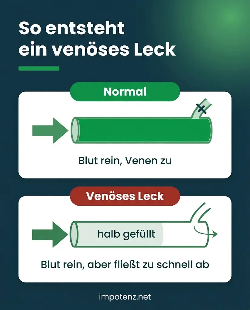 Infografik venöses Leck erklärt: normal Blut rein und Venen zu, beim Leck fließt das Blut zu schnell ab
