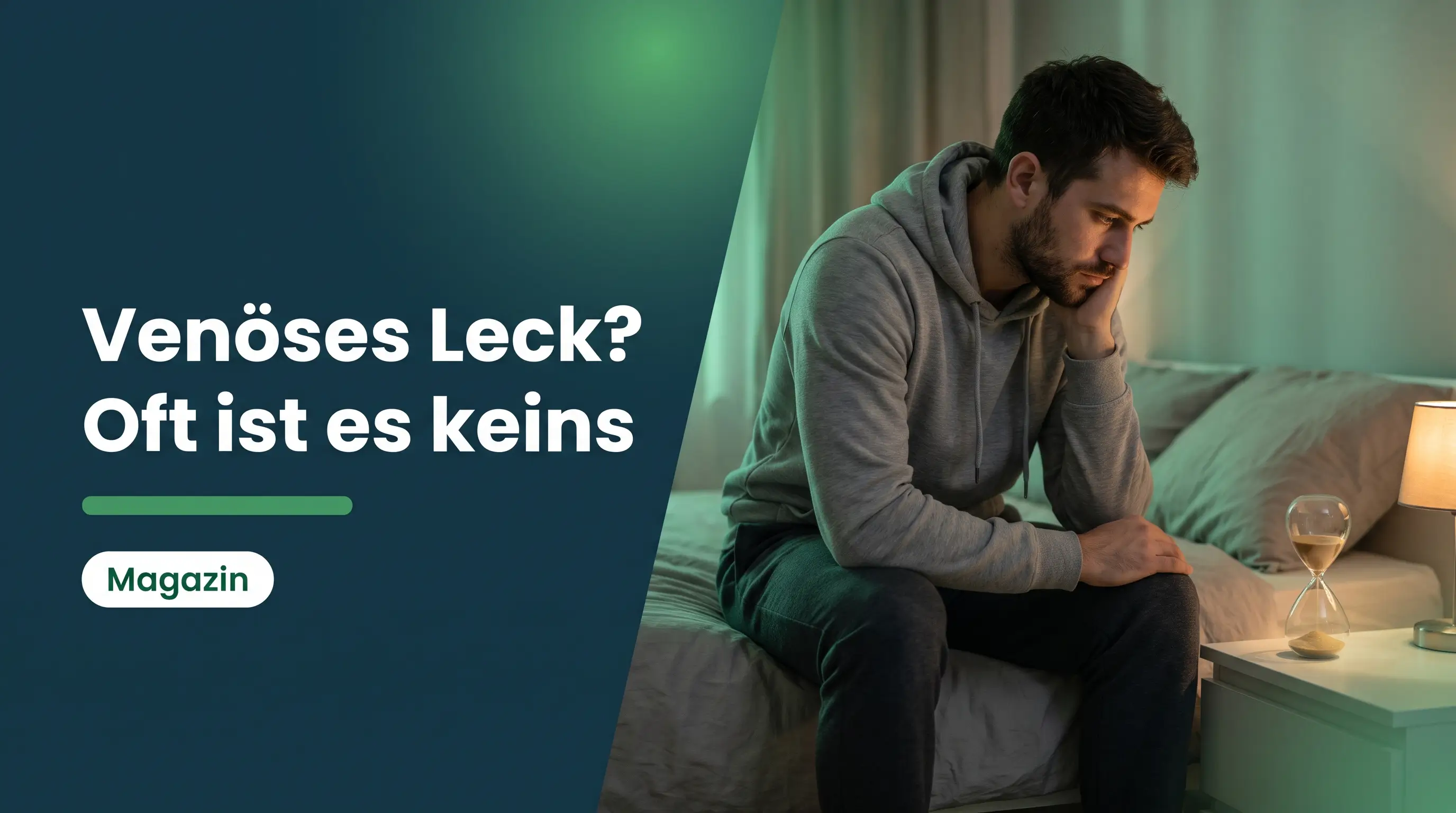 Venöses Leck: nachdenklicher Mann sitzt auf der Bettkante und schaut auf eine ablaufende Sanduhr