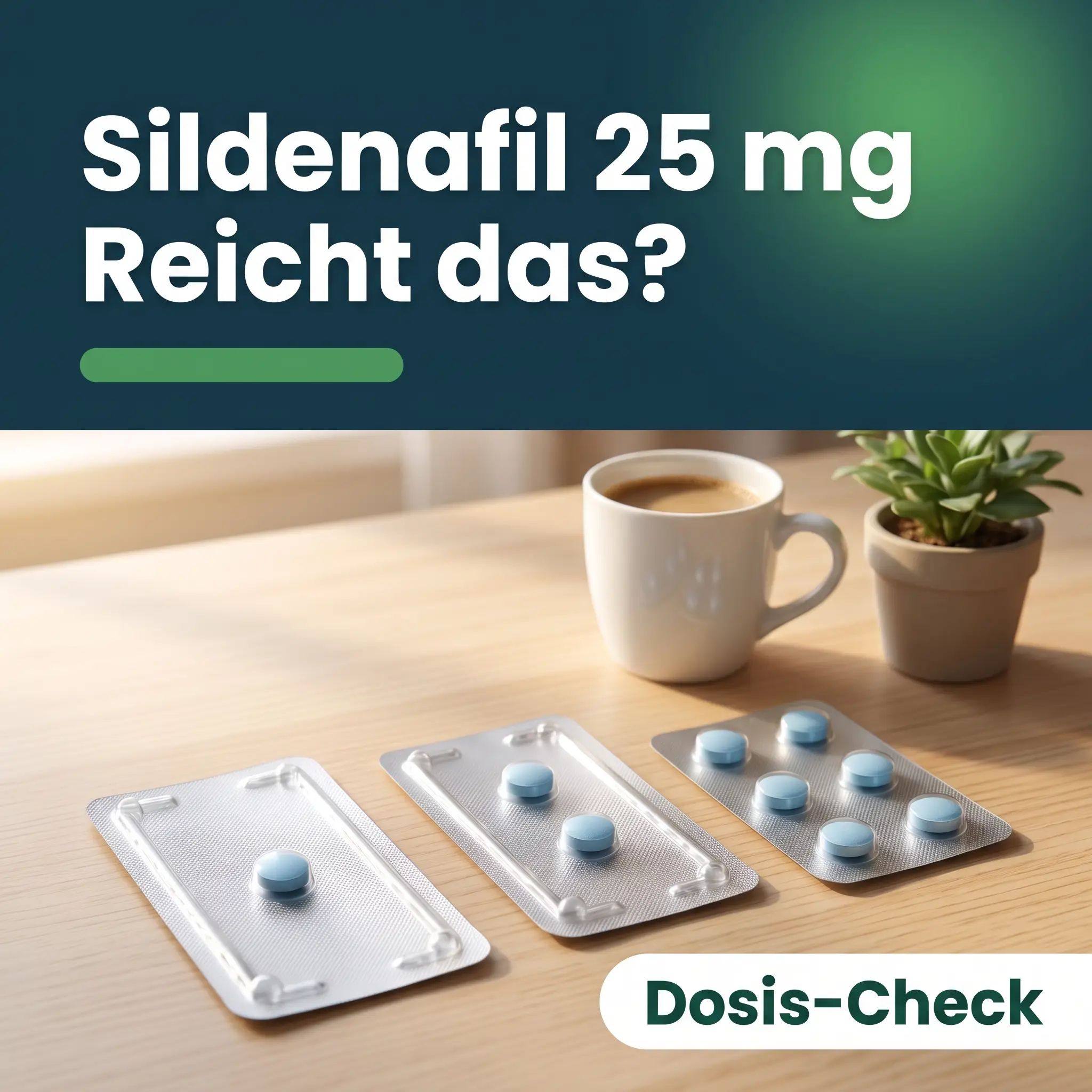 Viagra 25 mg: Blister mit einer Tablette neben Blistern mit zwei und vier Tabletten als Symbol für verschiedene Stärken