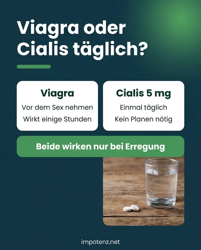 Infografik Viagra oder Cialis täglich: Einnahme, Planung und Wirkung nur bei Erregung
