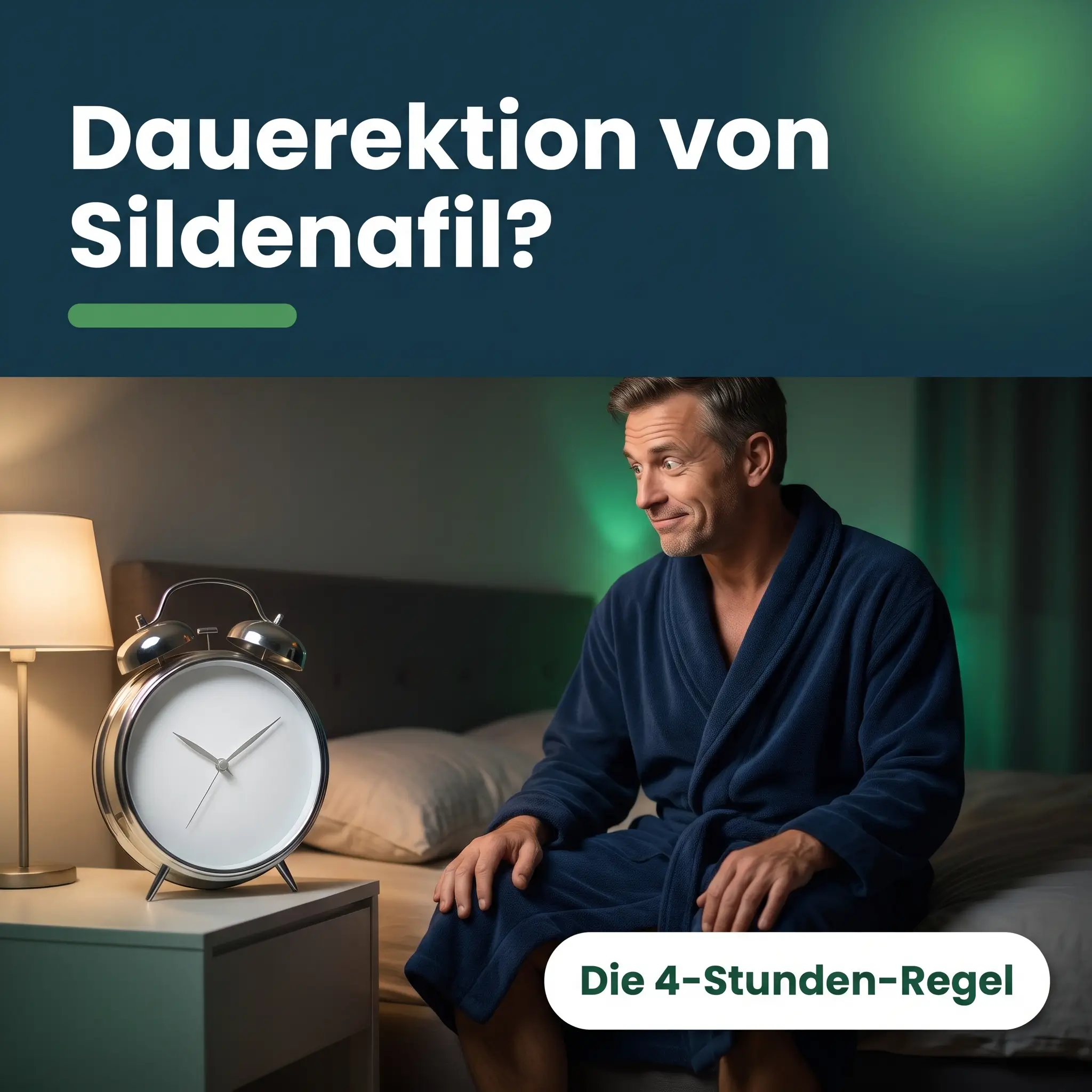 Viagra Dauererektion: Mann im Bademantel sitzt nachts auf der Bettkante und schaut auf den Wecker