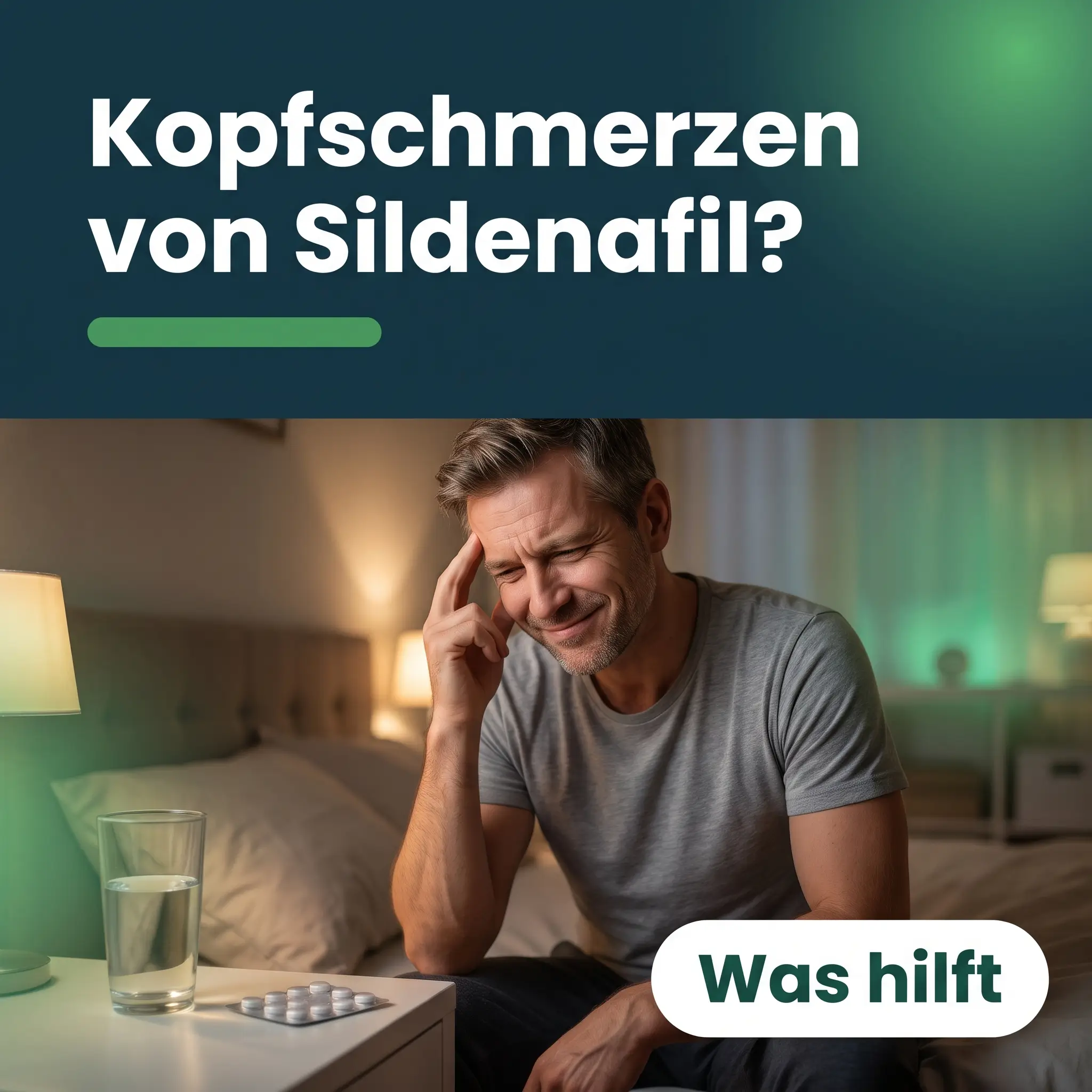 Viagra Kopfschmerzen: Mann sitzt auf der Bettkante und reibt sich die Schläfe, daneben ein Glas Wasser