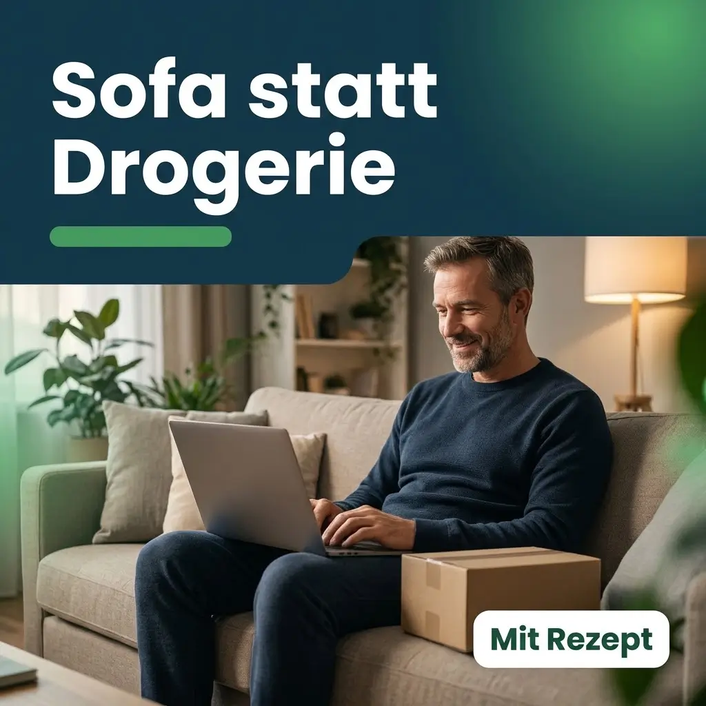 Mann füllt auf dem Sofa einen Online-Fragebogen für Potenzmittel aus, daneben ein neutrales Versandpaket