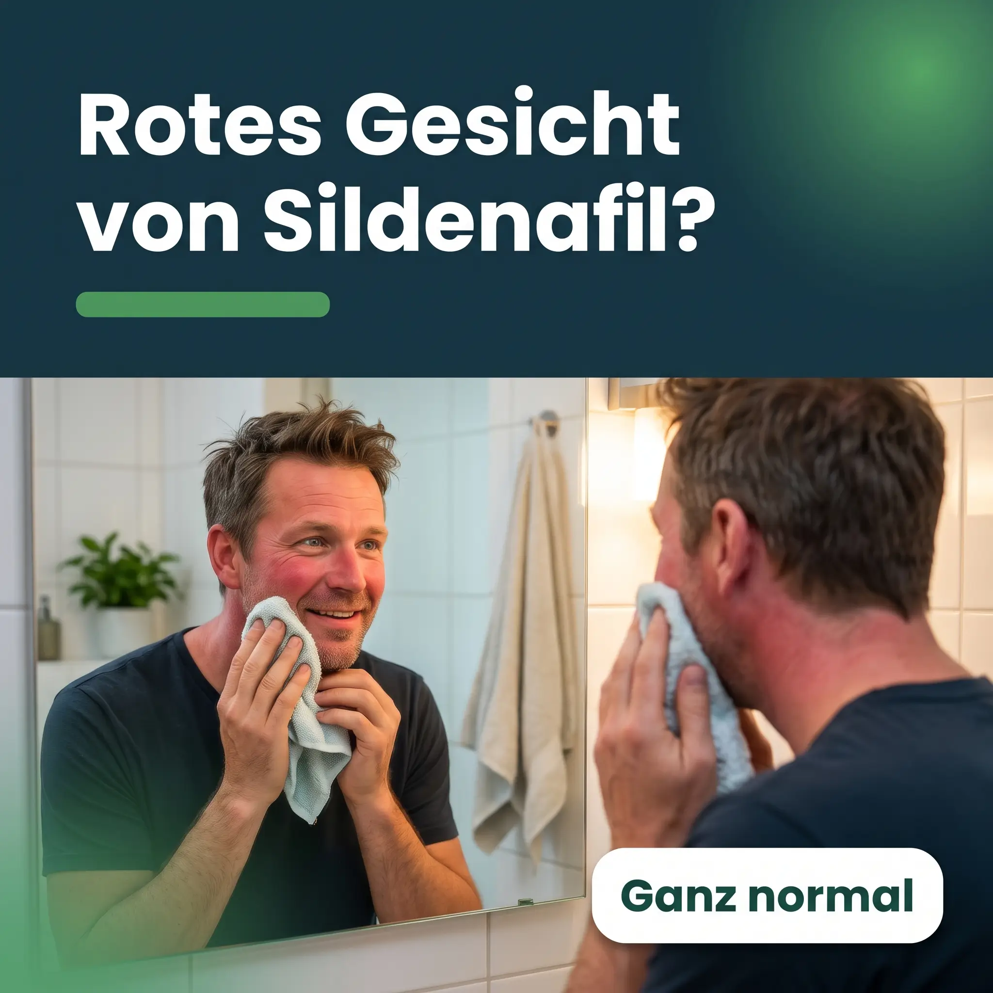 Viagra rotes Gesicht: Mann mit geröteten Wangen kühlt sich vor dem Badezimmerspiegel mit einem Waschlappen