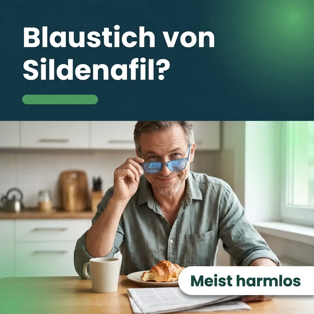 Viagra Sehstörungen: Mann schaut grinsend über eine blau getönte Brille am Frühstückstisch