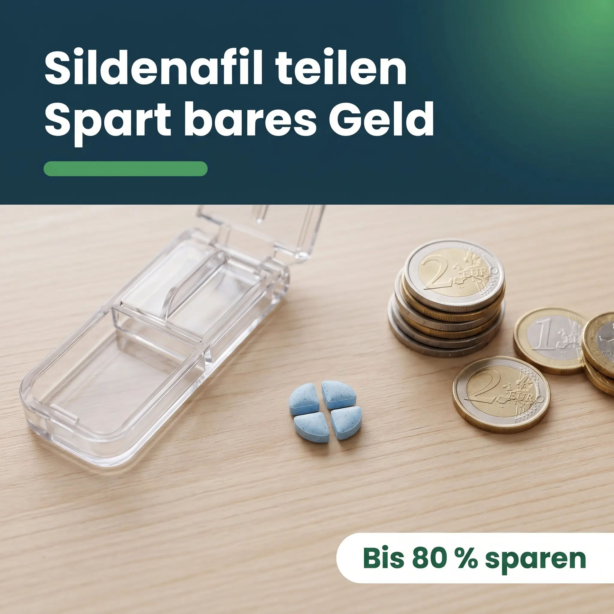 Viagra teilen: Sildenafil-Tablette mit Kreuzkerbe in vier Viertel gebrochen neben Tablettenteiler und Münzen