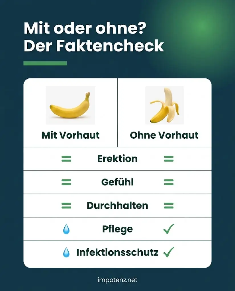 Infografik Faktencheck mit oder ohne Vorhaut: Erektion, Gefühl und Durchhalten gleich, Vorteil bei Pflege ohne Vorhaut