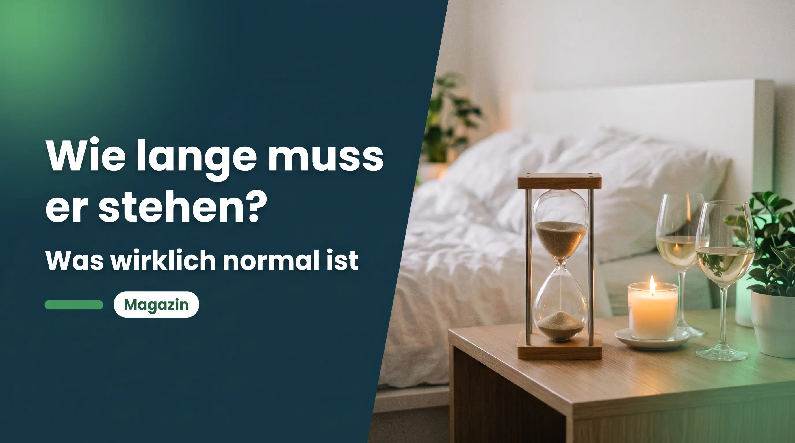 Wie lange Erektion beim Sex: Sanduhr auf dem Nachttisch neben Kerze und Weingläsern