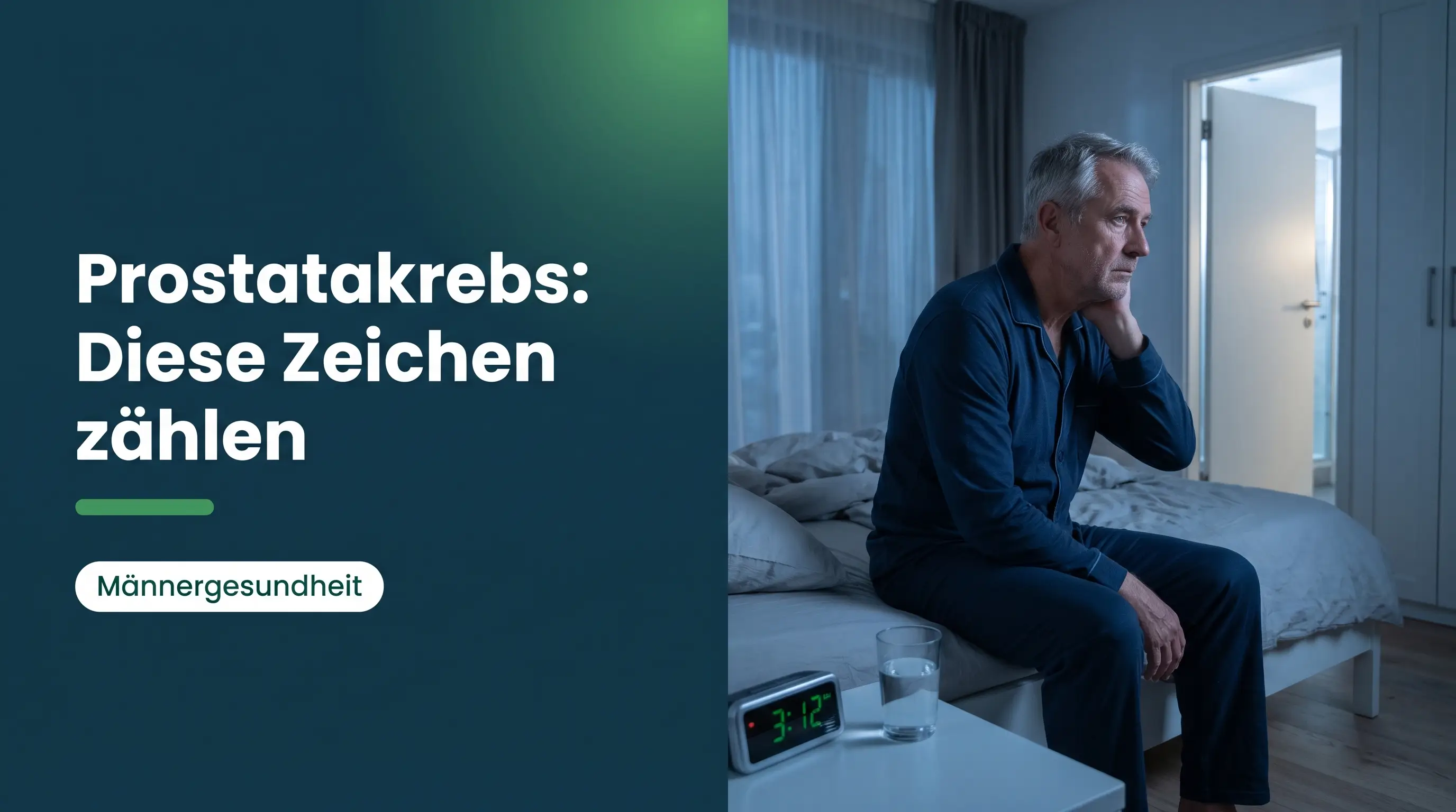 Wie macht sich Prostatakrebs bemerkbar: Mann sitzt nachts auf der Bettkante, Wecker zeigt 3:12 Uhr