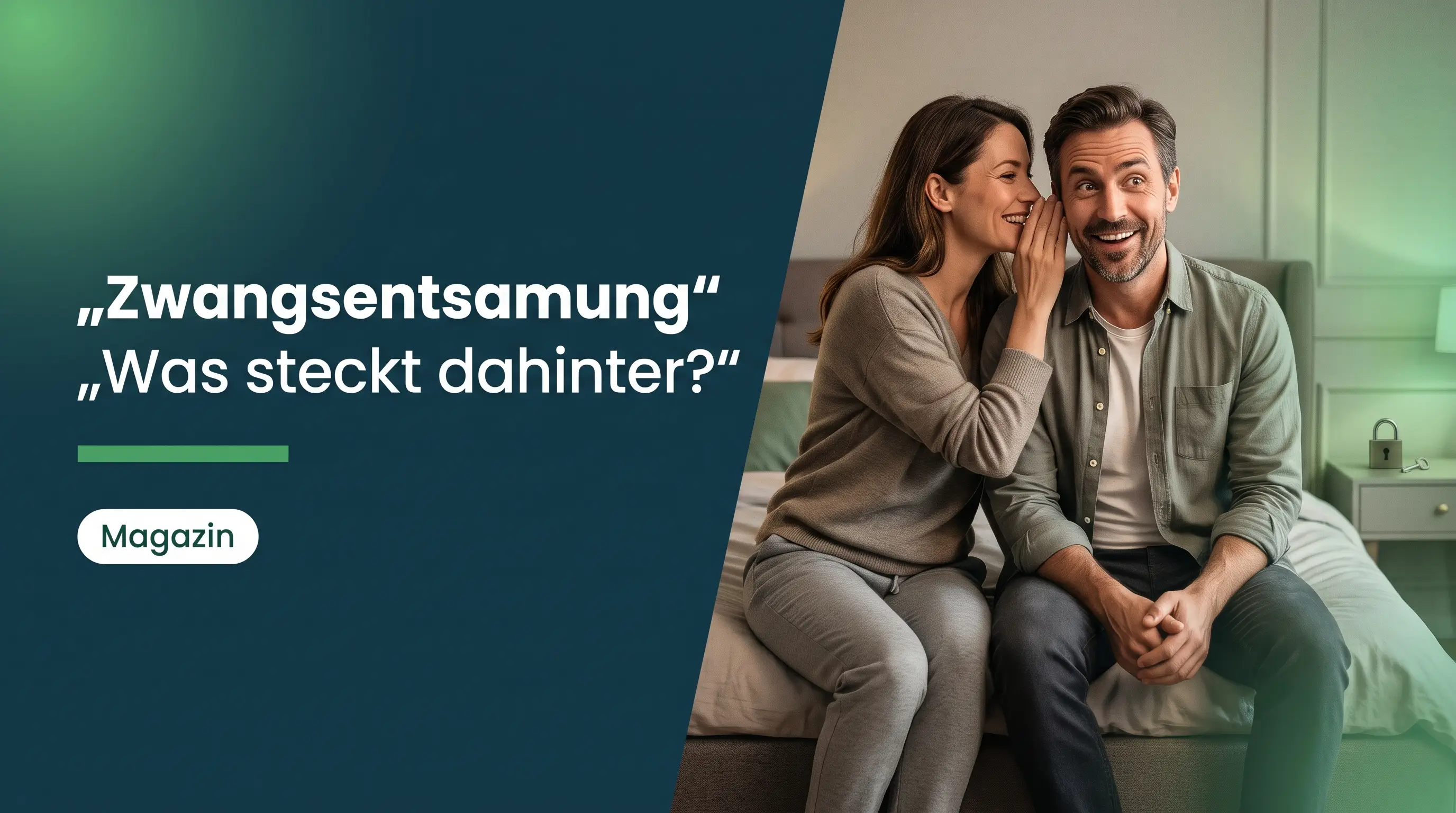 Zwangsentsamung Ratgeber: Paar auf dem Bett, sie flüstert ihm etwas ins Ohr