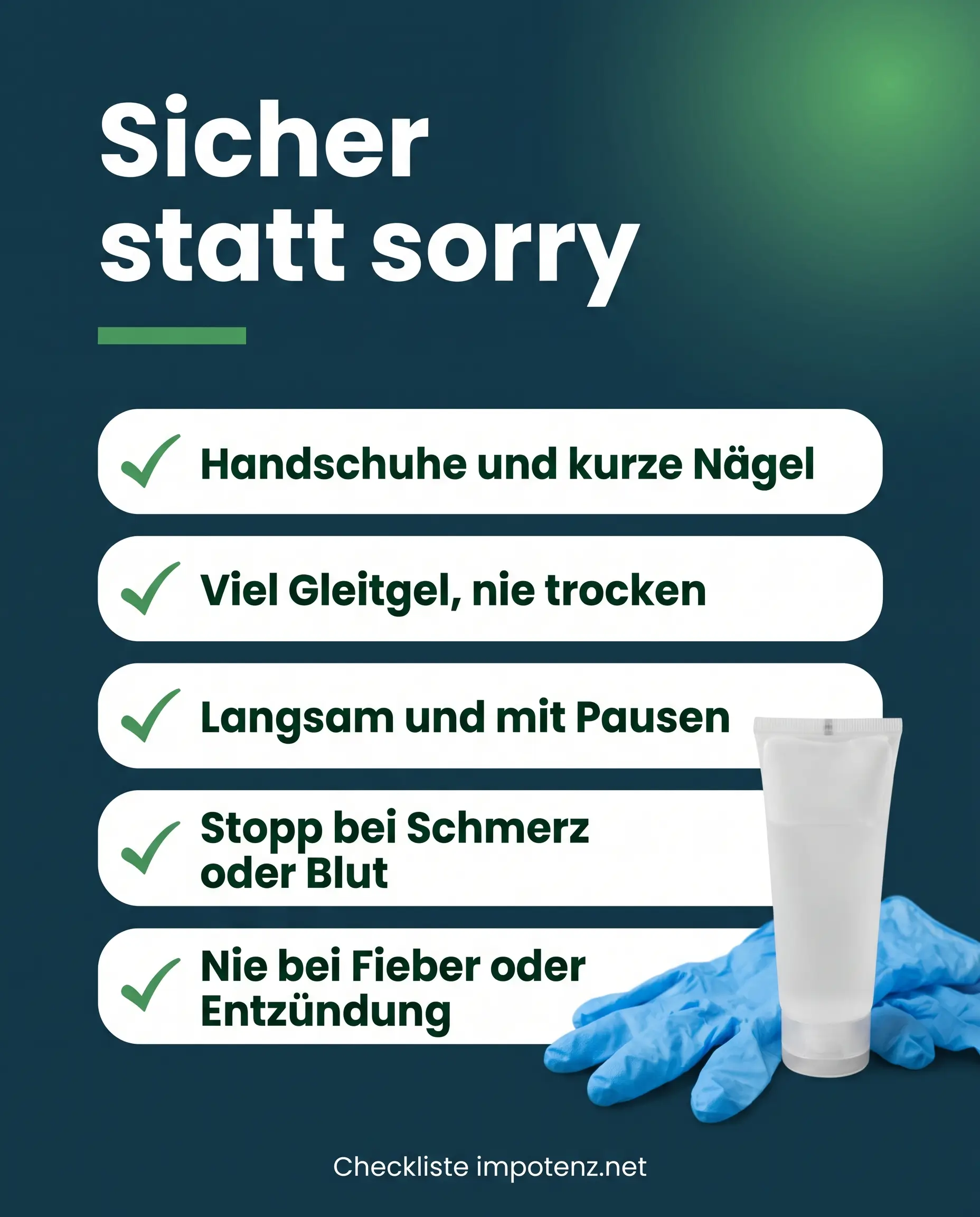 Checkliste zur sicheren Zwangsentsamung: Handschuhe, Gleitgel, langsam, Stopp bei Schmerz